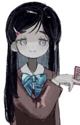 Rule 34 | 1girl, black hair, blue bow, blue bowtie, bow, bowtie, brown jacket, card, closed mouth, collared shirt, futari wa precure, grey eyes, hair ornament, hairpin, hand up, heart, highres, holding, holding card, hougetsu (moon neetcat), jacket, long hair, long sleeves, looking at viewer, precure, school uniform, shirt, simple background, smile, solo, striped bow, striped bowtie, striped clothes, upper body, white background, white shirt, yukishiro honoka