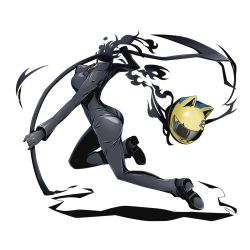Rule 34 | 10s, 1girl, alpha transparency, ass, black gloves, bodysuit, breasts, celty sturluson, divine gate, dullahan, durarara!!, full body, gloves, helmet, holding, holding weapon, medium breasts, official art, scythe, shadow, solo, transparent background, ucmm, weapon