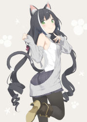 Rule 34 | 1girl, animal ear fluff, animal ears, ass, backless outfit, bare shoulders, black footwear, black hair, black pantyhose, blush, boots, breasts, cat ears, cat girl, cat tail, closed mouth, commentary request, detached sleeves, green eyes, grey background, grey skirt, grey sleeves, hands up, high heel boots, high heels, highres, kani biimu, karyl (princess connect!), long hair, long sleeves, looking at viewer, looking back, low twintails, meme attire, multicolored hair, pantyhose, plaid, plaid skirt, pleated skirt, princess connect!, ringlets, shirt, shoe soles, skirt, sleeveless, sleeveless shirt, sleeves past wrists, small breasts, smile, solo, standing, standing on one leg, streaked hair, tail, twintails, very long hair, virgin killer sweater, white hair, white shirt