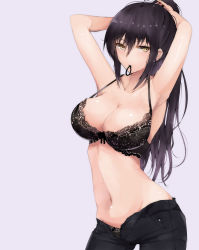 Rule 34 | 1girl, absurdres, armpits, arms behind head, arms up, bare shoulders, black bra, black hair, black panties, black pants, blush, bra, breasts, cleavage, collarbone, hair between eyes, high ponytail, highres, hip focus, idolmaster, idolmaster shiny colors, lace, lace-trimmed bra, lace trim, large breasts, long hair, looking at viewer, mouth hold, navel, open fly, panties, pants, ponytail, ryuu., shirase sakuya, simple background, solo, tying hair, underwear, yellow eyes