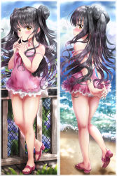 Rule 34 | 1girl, absurdres, arms behind back, ass, babydoll, back, bare shoulders, beach, black hair, blue sky, blush, breasts, chest tattoo, chunyan, closed mouth, day, double bun, dress swimsuit, facial mark, fate/grand order, fate (series), fence, flower, forehead mark, full body, hair bun, highres, legs, long hair, looking at viewer, looking back, multicolored hair, multiple views, ocean, one-piece swimsuit, outdoors, parted bangs, pink babydoll, pink hair, pink one-piece swimsuit, sandals, sessyoin kiara, sessyoin kiara (lily), shore, sky, small breasts, streaked hair, swimsuit, tattoo, wavy hair, yellow eyes