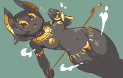 Rule 34 | 1girl, animal ears, ankh, armlet, black hair, bracelet, breasts, c-string, choker, colored sclera, egyptian, female focus, furry, furry female, gold, green background, jackal ears, jewelry, navel, open mouth, original, pasties, sakamoto ahiru, scepter, short hair, simple background, solo, strapless bottom, yellow sclera