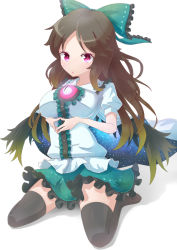 Rule 34 | 1girl, 307, :o, black thighhighs, bow, breast rest, breasts, brown hair, cape, female focus, hair bow, kneeling, large breasts, long hair, no shoes, purple eyes, reiuji utsuho, solo, thighhighs, totoya z, touhou, white background, wings