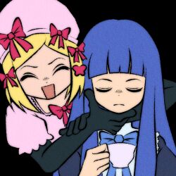 Rule 34 | 2girls, black background, blonde hair, blue bow, blue bowtie, blue hair, bow, bowtie, closed eyes, closed mouth, cryptidhermit, cup, dress, elbow gloves, frederica bernkastel, frills, gloves, hair ornament, hat, holding, holding cup, lambdadelta, long hair, multiple girls, open mouth, pink dress, pink headwear, red bow, red bowtie, short hair, umineko no naku koro ni