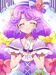 Rule 34 | 1girl, bow, bow earrings, capelet, choker, closed eyes, closed mouth, cure coral, earrings, facial mark, facing viewer, fingernails, hair bow, hat, hat bow, heart, heart facial mark, jewelry, kagami chihiro, long hair, magical girl, multi-tied hair, multiple hair bows, nail polish, own hands together, pearl hair ornament, pink bow, pouch, precure, purple capelet, purple choker, purple hair, purple nails, sailor hat, smile, solo, sparkle, striped, striped bow, suzumura sango, tropical-rouge! precure, twintails, upper body, white hat, yellow bow