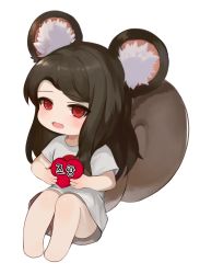 Rule 34 | 1girl, animal ear fluff, animal ears, bad id, bad pixiv id, barefoot, black hair, blush, chibi, commission, dokomon, dress, full body, heart, highres, holding, knees up, korean text, long hair, looking at viewer, mini person, minigirl, open mouth, original, red eyes, short sleeves, simple background, sitting, solo, squirrel ears, squirrel girl, squirrel tail, swept bangs, tail, translation request, very long hair, white background, white dress