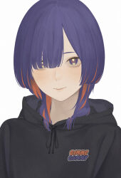 Rule 34 | 1girl, black hoodie, blue eyes, blue hair, close-up, hair over one eye, highres, hood, hood down, hoodie, kamitsubaki studio, light smile, looking at viewer, medium hair, multicolored eyes, multicolored hair, portrait, red hair, rim (kamitsubaki studio), simple background, solo, two-tone hair, upper body, virtual youtuber, white background, wolf cut, yellow pupils, zudxpnz
