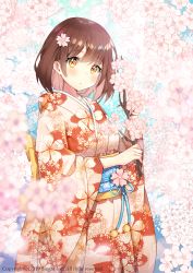 Rule 34 | 1girl, ayamy, blurry, blurry foreground, brown hair, cherry blossoms, collarbone, commentary request, copyright request, cowboy shot, day, depth of field, floral print, flower, hair flower, hair ornament, highres, holding, japanese clothes, kimono, long sleeves, looking at viewer, obi, orange eyes, orange kimono, original, parted lips, pink flower, print kimono, sash, short hair, sidelocks, solo, standing, tree, branch, watermark, wide sleeves, yukata