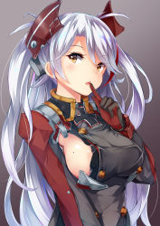 Rule 34 | 1girl, areola slip, azur lane, black gloves, blush, breasts, brown eyes, buttons, cross, finger to mouth, gloves, gradient background, grey background, grey jacket, headgear, highres, index finger raised, irohara, iron cross, jacket, large breasts, long hair, looking at viewer, mole, mole on breast, multicolored hair, parted lips, prinz eugen (azur lane), revision, sideboob, sidelocks, silver hair, solo, streaked hair, swept bangs, two side up, upper body, very long hair, yellow eyes