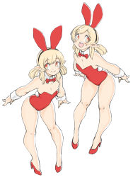 Rule 34 | 1girl, absurdres, alternate costume, animal ears, bare shoulders, blonde hair, detached collar, fake animal ears, fake tail, flat chest, genshin impact, high heels, highres, klee (genshin impact), leaning forward, leotard, looking at viewer, medium hair, multiple views, open mouth, playboy bunny, pointy ears, rabbit ears, rabbit tail, red footwear, red leotard, simple background, smile, strapless, strapless leotard, tail, toshinoshin, white background, wrist cuffs