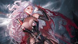 Rule 34 | 1girl, armor, armpits, bare shoulders, belt, blood, breasts, choker, cleavage, collarbone, demon slayer (dungeon and fighter), dungeon and fighter, earrings, elbow gloves, eyebrows, eyelashes, female slayer (dungeon and fighter), gloves, highres, jewelry, large breasts, long hair, necklace, red eyes, shoulder armor, solo, torn clothes, tsuki no i-min, white hair