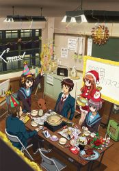 Rule 34 | &gt;:o, 10s, 2boys, 3girls, :d, :o, ^ ^, arm support, asahina mikuru, blazer, bottle, bow, bowl, brown hair, bulletin board, cardigan, chair, chalkboard, chopsticks, christmas, christmas tree, classroom, closed eyes, crossed legs, cup, dress, expressionless, flower, fluorescent lamp, folding chair, food, frown, fur trim, garland, globe, gloves, grin, hair ribbon, hat, heater, highres, holding, holding bowl, holding cup, index finger raised, indoors, jacket, koizumi itsuki, kyon, ladle, long sleeves, looking at another, mask, monitor, multiple boys, multiple girls, nabe, nagato yuki, necktie, open mouth, orange hair, pants, paper, paper chain, party, party hat, pocky, pointing, pointing up, pom pom (clothes), purple hair, radio, red dress, red necktie, ribbon, santa costume, santa hat, saucer, school, school uniform, serafuku, shoes, short dress, sitting, smile, sneakers, standing, suzumiya haruhi, suzumiya haruhi no shoushitsu, suzumiya haruhi no yuuutsu, sweater vest, table, teacup, teapot, v-shaped eyebrows, white gloves, whiteboard, window, wing collar, wooden floor