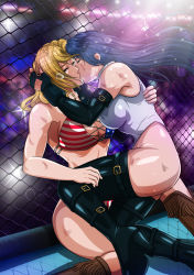 Rule 34 | 2girls, american flag, american flag bikini, arika, bare shoulders, bikini, bikini top only, blair dame, blonde hair, blue eyes, blue hair, boots, breasts, cleavage, crossover, dave cheung, dead or alive, elbow gloves, closed eyes, flag print, gloves, highres, kiss, large breasts, legs, leotard, long hair, multiple girls, short hair, sideboob, sitting, skin tight, street fighter, street fighter ex (series), sweat, swimsuit, tecmo, thighs, tina armstrong, yuri