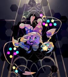 Rule 34 | 1boy, akakiao tea, animal hands, black background, blue eyes, blue hat, boots, bow, bowtie, brown footwear, claws, commentary request, fur-trimmed headwear, fur trim, gate, hat, heart, hexagon, highres, holding, holding star, jester cap, kirby (series), looking at viewer, marx (kirby), nintendo, no humans, open mouth, polka dot headwear, pom pom (clothes), red bow, red bowtie, red hat, sharp teeth, smile, solo, star (symbol), teeth, tongue, triangle print, two-tone headwear, upper teeth only, yellow wings