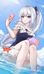 Rule 34 | 1girl, absurdres, blue archive, blue halo, blue one-piece swimsuit, bow, casual one-piece swimsuit, collarbone, frilled one-piece swimsuit, frills, hair bow, halo, highres, holding, holding phone, long hair, miyako (blue archive), miyako (swimsuit) (blue archive), off-shoulder one-piece swimsuit, off shoulder, official alternate costume, on innertube, one-piece swimsuit, phone, ponytail, purple eyes, solo, starfish, swimsuit, transparent innertube, very long hair, white hair, yum draw