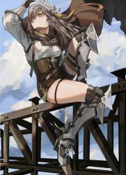 Rule 34 | 1girl, arknights, arm up, armored boots, black cape, black shorts, blush, boots, breasts, brown hair, cape, closed mouth, cloud, cloudy sky, day, fartooth (arknights), feather hair, gauntlets, hair between eyes, high-waist shorts, highres, knee boots, long hair, looking away, looking up, medium breasts, outdoors, shirt, shorts, sitting, sky, solo, thigh boots, visor (armor), white shirt, yellow eyes, zeanue illust