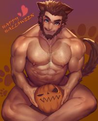 Rule 34 | 1boy, abs, absurdres, animal ears, arkapami, arm hair, bara, beard, blue eyes, brown hair, chest hair, completely nude, covering privates, covering crotch, facial hair, feet out of frame, hairy, halloween, happy halloween, highres, jack-o&#039;-lantern, large pectorals, crossed legs, licking lips, male focus, monster prom, muscular, navel, navel hair, nipples, nude, pectorals, pumpkin, scott howl, short hair, simple background, solo, tail, thick thighs, thighs, tongue, tongue out, werewolf, wolf boy, wolf ears, wolf tail