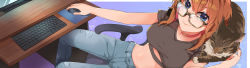 Rule 34 | 1girl, blue eyes, brown hair, cat, char (vtuber), choker, commentary, commission, crop top, denim, english commentary, eyebrows hidden by hair, grey shirt, highres, holding mouse (computer), indie virtual youtuber, jeans, keyboard (computer), looking at viewer, looking up, midriff, mouse (computer), navel, pants, po pooch, red choker, second-party source, shirt, sitting, skeb commission, smile, solo, virtual youtuber