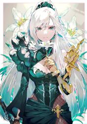 Rule 34 | 1girl, breasts, closed mouth, commentary, dress, flower, frenlyse, gloves, highres, holding, holding flower, holding weapon, long hair, mechanical arms, medium breasts, mura karuki, nier (series), nier reincarnation, official alternate costume, prosthesis, prosthetic arm, single mechanical arm, solo, swept bangs, sword, weapon, white hair