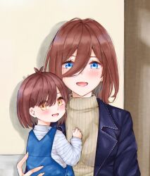 Rule 34 | 2girls, absurdres, aged up, baby, blue eyes, blue overalls, blush, brown eyes, brown hair, carrying, carrying person, child, commentary, go-toubun no hanayome, hair between eyes, highres, if they mated, jacket, looking at viewer, mother and daughter, multiple girls, nakano miku, open mouth, overalls, ribbed sweater, smile, sweater, tsubomi hanami