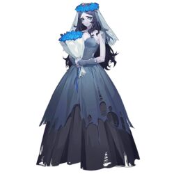 Rule 34 | artist request, bare shoulders, blue dress, blue eyes, blue flower, blue gloves, blue lips, blue nails, blue ribbon, bouquet, breasts, bridal gauntlets, bridal veil, bride, closed mouth, corpse bride (girls&#039; frontline), dress, expressionless, flower, flower request, girls&#039; frontline, gloves, grey hair, halloween, halloween costume, head wreath, holding, holding bouquet, layered dress, long dress, long hair, looking at viewer, medium breasts, nail polish, official art, own hands clasped, own hands together, pale skin, parted bangs, ribbon, simple background, torn clothes, torn dress, torn gloves, torn veil, transparent background, veil, very long hair, wedding dress, zombie