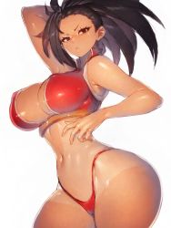 Rule 34 | 1girl, arm behind head, bikini, black eyes, black hair, blue background, boku no hero academia, breasts, cleavage, curvy, dutch angle, fumio (rsqkr), hand up, highres, large breasts, looking at viewer, medium hair, navel, red bikini, side-tie bikini bottom, simple background, solo, standing, swimsuit, tan, tanline, thick thighs, thighs, wide hips, yaoyorozu momo