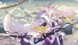 Rule 34 | 1girl, absurdres, animal ears, armor, blurry, bow (weapon), braid, breasts, breath, cloud, cloudy sky, depth of field, detached sleeves, facial mark, faulds, fingernails, floating hair, forehead mark, fur, hair ribbon, hakurou (onmyoji), high ponytail, highres, holding, holding weapon, japanese armor, kusazuri, long fingernails, long hair, long sleeves, looking at viewer, motion blur, mountain, onmyoji, outdoors, outstretched arm, palms, parted lips, ribbon, rope, sash, shan-n, shide, shimenawa, shoulder armor, sidelocks, sky, slit pupils, small breasts, snowing, sode, solo, tail, tress ribbon, weapon, white hair, wide sleeves, wind, wolf ears, wolf girl, wolf tail, yellow eyes