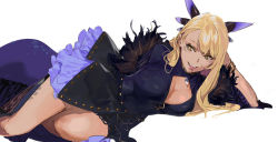 Rule 34 | 1girl, blonde hair, bracelet, breasts, cleavage, dark-skinned female, dark skin, dragon tail, dress, fate/grand order, fate (series), female focus, jewelry, large breasts, long hair, lying, on side, open mouth, pako (pakosun), sharp teeth, solo, swept bangs, tail, teeth, thighs, vritra (fate), white background, yellow eyes