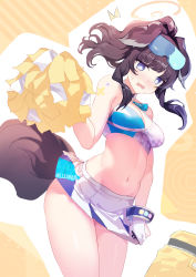 Rule 34 | 1girl, amano hagoromo, animal ears, blue archive, blush, bracelet, breasts, brown hair, crop top, dog ears, dog tail, gloves, goggles, goggles on head, hibiki (blue archive), hibiki (cheer squad) (blue archive), highres, holding, holding pom poms, jewelry, medium breasts, midriff, millennium cheerleader outfit (blue archive), miniskirt, navel, open mouth, partially fingerless gloves, pom pom (cheerleading), pom poms, ponytail, shoulder tattoo, sidelocks, skirt, skirt tug, solo, star tattoo, tail, tattoo, white gloves, white skirt