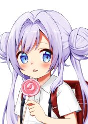Rule 34 | 1girl, backpack, bag, blue eyes, blush, candy, double bun, food, hair bun, hair intakes, highres, lollipop, long hair, magia record: mahou shoujo madoka magica gaiden, mahou shoujo madoka magica, randoseru, shirt, short sleeves, silver hair, simple background, skirt, solo, suspender skirt, suspenders, tongue, tongue out, twintails, upper body, white background, white shirt, yakumo mikage, yappariga