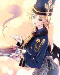 Rule 34 | 1girl, artist name, blonde hair, bowl, breasts, buttons, chef, chef hat, chomose, demon wings, double-breasted, duel monster, green eyes, hand up, hat, highres, holding, holding tray, large breasts, long hair, low wings, open mouth, poissoniere de nouvelles, side ponytail, smile, solo, star (symbol), steam, tray, watermark, wings, yu-gi-oh!