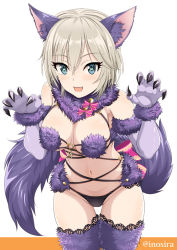 Rule 34 | 1girl, :d, anastasia (idolmaster), animal ears, bare shoulders, black panties, blue eyes, blush, bow, breasts, claw pose, claws, cosplay, cowboy shot, detached collar, elbow gloves, eyebrows, eyelashes, fang, fate/grand order, fate (series), fur, fur trim, gloves, hair between eyes, halloween costume, heart, heart-shaped pupils, idolmaster, idolmaster cinderella girls, inoshira, lace, lace-trimmed legwear, lace trim, large breasts, looking at viewer, mash kyrielight, mash kyrielight (dangerous beast), mash kyrielight (dangerous beast) (cosplay), navel, o-ring, official alternate costume, open mouth, palms, panties, pink bow, purple gloves, revealing clothes, shade, shielder (fate/grand order), shielder (fate/grand order) (cosplay), short hair, silver hair, simple background, smile, solo, stomach, symbol-shaped pupils, tail, thigh gap, thighhighs, twitter username, underwear, white background, wolf ears, wolf tail