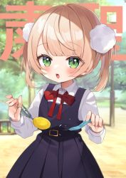 Rule 34 | 1girl, aged down, blonde hair, blouse, blurry, blurry background, blush, bow, bowtie, collared shirt, crime prevention buzzer, day, dress, eyes visible through hair, green eyes, hair ornament, highres, holding, indie virtual youtuber, looking at viewer, noi mine, open mouth, outdoors, pinafore dress, pleated dress, pom pom (clothes), pom pom hair ornament, purple dress, red bow, red bowtie, school uniform, shigure ui (vtuber), shigure ui (vtuber) (young), shirt, short hair, sleeveless, sleeveless dress, solo, tree, twintails, virtual youtuber, white shirt