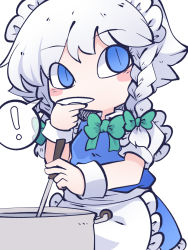 Rule 34 | !, 1girl, apron, blue eyes, bow, bowtie, braid, chahan (fried rice0614), closed mouth, cooking, green bow, green bowtie, grey hair, hair bow, heart, highres, izayoi sakuya, looking to the side, maid, maid headdress, one-hour drawing challenge, short hair, short sleeves, side braids, simple background, solo, spoken exclamation mark, spoken heart, touhou, twin braids, waist apron, white apron, white background, wrist cuffs