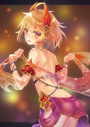 Rule 34 | 1girl, ahoge, blonde hair, butt crack, dancer, duplicate, earrings, fantasy, feathers, gem, gold, jewelry, looking at viewer, looking back, md5 mismatch, natsutomoki, orange eyes, original, parted lips, resolution mismatch, revealing clothes, see-through, short hair, smile, solo, source larger