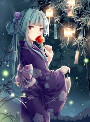 Rule 34 | 1girl, akinomiya asuka, blunt bangs, candy apple, commentary request, food, green hair, hair between eyes, highres, holding, holding food, japanese clothes, kimono, lantern, long hair, long sleeves, mystical power plant, new year, omamori, original, pink ribbon, ponytail, purple kimono, red eyes, ribbon, solo, suitokuin tenmu, touhou, wide sleeves