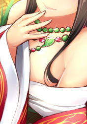 Rule 34 | 1girl, absurdres, bare shoulders, beads, black hair, breasts, dean (momodean), hand to own mouth, head out of frame, highres, japanese clothes, jewelry, kimono, kushinada (p&amp;d), large breasts, lips, long hair, long sleeves, magatama, necklace, off shoulder, out of frame, puzzle &amp; dragons, solo, sparkle, upper body
