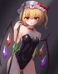 Rule 34 | 1girl, alternate costume, blonde hair, bow, bowtie, breasts, crystal, curvy, flandre scarlet, gem, hat, highres, kiui (dagk8254), leotard, looking at viewer, mob cap, open mouth, playboy bunny, pole, red eyes, short hair, small breasts, solo, touhou, traditional bowtie, wide sleeves, wings