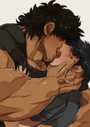Rule 34 | 2boys, bara, beard, black hair, blush, clothes pull, covered eyes, facial hair, french kiss, grabbing, hand on another&#039;s head, hug, kiss, large pectorals, male focus, manly, marototori, multiple boys, muscular, open mouth, original, pectoral grab, pectorals, saliva, saliva trail, shirt pull, sweat, tongue, tongue out, upper body, veins, yaoi