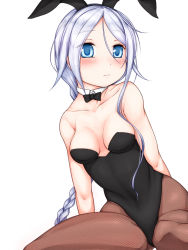 Rule 34 | 10s, 1girl, animal ears, arm support, blue eyes, bow, bowtie, braid, breasts, detached collar, fake animal ears, fishnet pantyhose, fishnets, haty, kantai collection, leotard, long hair, pantyhose, playboy bunny, rabbit ears, single braid, sitting, small breasts, solo, umikaze (kancolle), very long hair, white hair