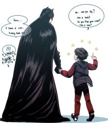 Rule 34 | !, !!, 2boys, adoption, batman, batman (series), black cape, black hair, bruce wayne, cape, child, commentary, cowl, dc comics, english commentary, english text, father and son, flower, from behind, holding hands, jacket, jason todd, komru50, male focus, multiple boys, pants, red pants, simple background, sparkle, speech bubble, white background