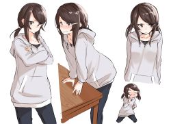 Rule 34 | &gt;:&lt;, 1girl, :&lt;, = =, arms behind back, black hair, blush, brown eyes, clenched teeth, closed mouth, collarbone, cowboy shot, crossed arms, hair ornament, hairclip, hood, hood down, hoodie, kyoo-kyon (kyo-kyon), leaning forward, looking at viewer, looking to the side, multiple views, open mouth, original, table, teeth, tsundere, twintails, upper body, v-shaped eyebrows, yuki arare