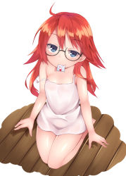 Rule 34 | 1girl, ahoge, binsen, blue eyes, blush, character request, condom, condom in mouth, glasses, highres, long hair, looking at viewer, mouth hold, nakahara-kun no kahogo na imouto, off shoulder, red hair, sitting, solo, strap slip, wariza