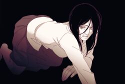 Rule 34 | 1girl, all fours, barefoot, breasts, commentary, crawling, greyscale, hair between eyes, hanpetos, long skirt, medium breasts, monochrome, pieck finger, pleated skirt, shingeki no kyojin, skirt, solo