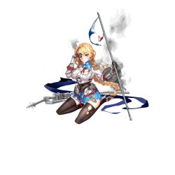 Rule 34 | 1girl, aiguillette, armor, banner, belt, blonde hair, blue eyes, blue skirt, blush, braid, breasts, broken, brown thighhighs, cannon, closed mouth, damaged, epaulettes, flag, fleur-de-lis, french flag, full body, gauntlets, hair between eyes, hand on forehead, heterochromia, high heels, holding, jeanne d&#039;arc (warship girls r), large breasts, long hair, long sleeves, looking at viewer, machinery, medal, military, military uniform, miyazakisoul, official art, pleated skirt, red eyes, red ribbon, ribbon, shield, shirt, single braid, sitting, skirt, smoke, solo, standing, sword, thighhighs, torn clothes, transparent background, turret, uniform, warship girls r, weapon, white shirt, zettai ryouiki