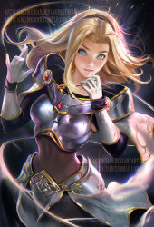 Rule 34 | 1girl, armor, armored skirt, blonde hair, blue eyes, breastplate, covered navel, freckles, gloves, gradient background, hairband, league of legends, long hair, looking at viewer, lux (league of legends), open mouth, realistic, sakimichan, solo, stomach, upper body, white gloves