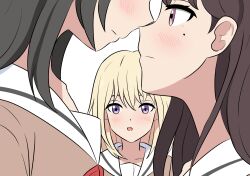 Rule 34 | 3girls, bang dream!, bang dream! it&#039;s mygo!!!!!, black hair, blonde hair, blush, brown dress, brown hair, closed mouth, commentary, dress, hashtag-only commentary, highres, long hair, misumi uika, mole, mole under eye, multiple girls, noses touching, open mouth, purple eyes, rienz, sailor collar, shiina taki, simple background, upper body, white background, white sailor collar, yahata umiri, yuri
