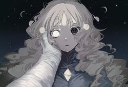 Rule 34 | 1girl, black eyes, collarbone, crescent moon, curly hair, eyelashes, full moon, gloves, grey hair, hand on another&#039;s cheek, hand on another&#039;s face, heterochromia, highres, horns, long hair, looking at viewer, moon, moon phases, night, night sky, original, out of frame, outstretched arm, portrait, pov, pov hands, sky, solo focus, spacesuit, star (sky), starry moon, surprised, surreal, white eyes, white gloves, wide-eyed, yadu nadu