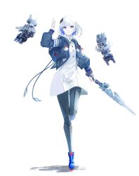 Rule 34 | 1girl, black jacket, black leggings, blue eyes, blue footwear, blue hair, boots, braid, buttons, cevio, closed mouth, colored inner hair, commentary, diamond earrings, dress, drone, earrings, full body, hair ornament, hand up, highres, holding, holding sword, holding weapon, hood, hood down, hooded jacket, jacket, jewelry, kamitsubaki studio, leggings, long sleeves, looking at viewer, mey (me hanamomo), multicolored eyes, multicolored hair, open clothes, open jacket, puffy long sleeves, puffy sleeves, red eyes, rime (cevio), serious, short dress, short hair, side braid, simple background, single earring, snapping fingers, solo, standing, standing on one leg, sword, turtleneck, turtleneck dress, v-shaped eyebrows, weapon, white background, white dress, white hair