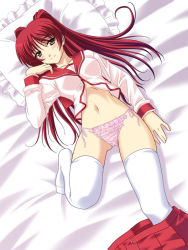 Rule 34 | 00s, 1girl, bed, blush, brown eyes, clothes pull, frilled panties, frilled pillow, frills, kousaka tamaki, long hair, lying, masakichi (crossroad), no pants, on back, panties, pillow, purple panties, red hair, school uniform, serafuku, side-tie panties, skirt, skirt pull, solo, thighhighs, to heart (series), to heart 2, twintails, underwear, undressing, white thighhighs